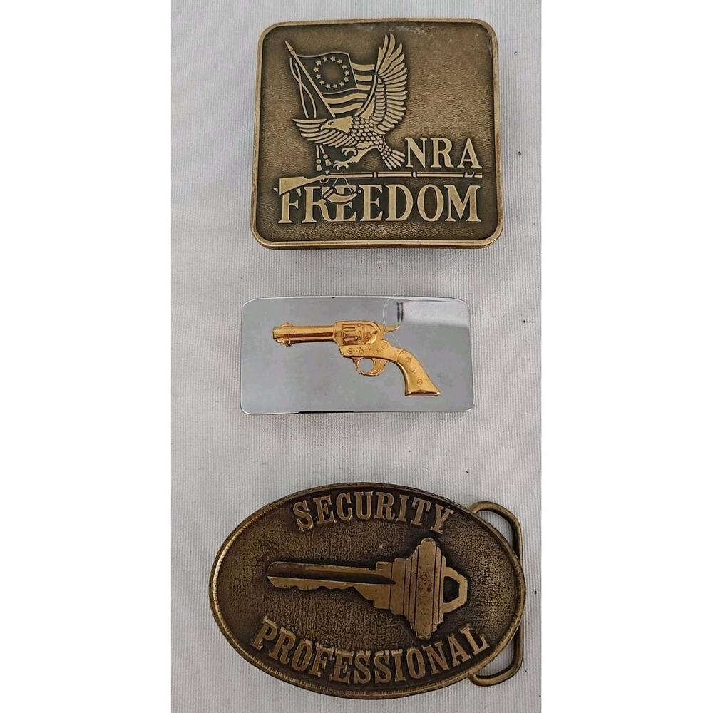 Lot of 3 vintage brass belt buckles NRA Freedom Cowboy‎ Six Shooter Security